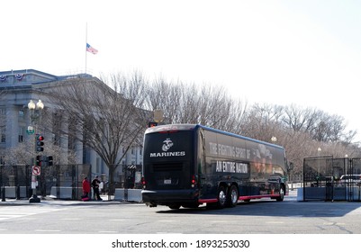 Washington, DC – January 13, 2021: A Marine Corps Bus Awaits A Security Clearance As It Enters The Street Leading To The White House On Pennsylvania Avenue.