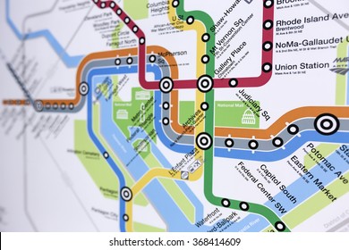 WASHINGTON DC. JANUARY 15 2016. Interactive metro map Washington, DC center of city. Downtown monuments, museums. Explore neighborhood. Editorial use only