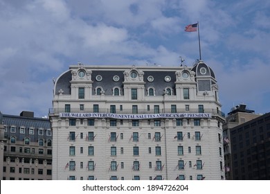 Washington, DC – January 15, 2021: A Banner Welcoming President Biden And Vice President Harris On The Willard Hotel At Freedom PLaza.