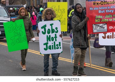 Washington, DC - January 16, 2017: Marchers Petition For Jobs Over Jail During The Martin Luther King, Jr. Day Peace Walk And Parade.