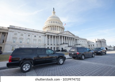 WASHINGTON, DC - JANUARY 20, 2018: Black SUVs Parked In Front Of The United States Capitol On The First Day Of The Government Shutdown.