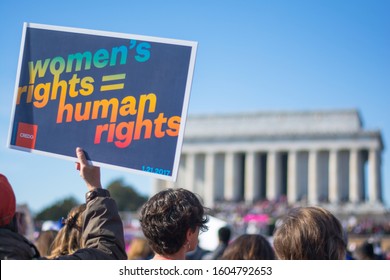 Washington, DC - January 20, 2018: Activists Gather In Front Of The Lincoln Memorial For The Women's March. Sign Reads 