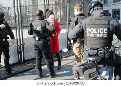 Washington, DC – January 20, 2021: An Angry Woman Argues With Secret Service Agents At A Security Checkpoint After Being Denied Entry.  