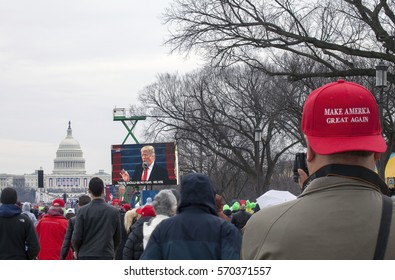 WASHINGTON, DC - JANUARY 20: Man Wearing MAGA Hat At Inauguration Of Donald Trump.  Taken January 20, 2017 In District Of Columbia.