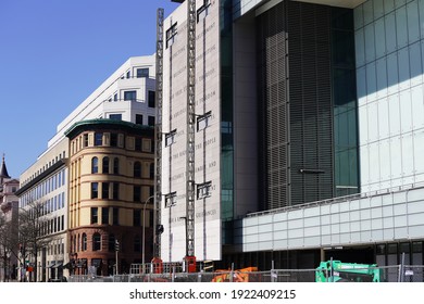 Washington, DC – January 21, 2021: The 1st Amendment Engraving On The Side Of The Former Newseum Building Is Being Dismantled Due To The Sale Of The Property.