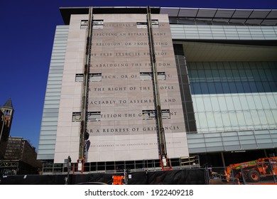 Washington, DC – January 21, 2021: The 1st Amendment Engraving On The Side Of The Former Newseum Building Is Being Dismantled Due To The Sale Of The Property.