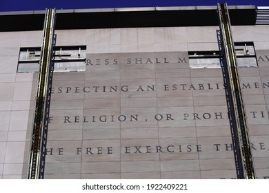 Washington, DC – January 21, 2021: The 1st Amendment Engraving On The Side Of The Former Newseum Building Is Being Dismantled Due To The Sale Of The Property.