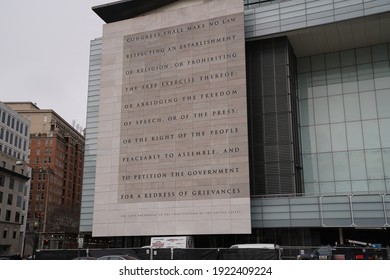 Washington, DC – January 21, 2021: The 1st Amendment Engraving On The Side Of The Former Newseum Building Is Being Dismantled Due To The Sale Of The Property.