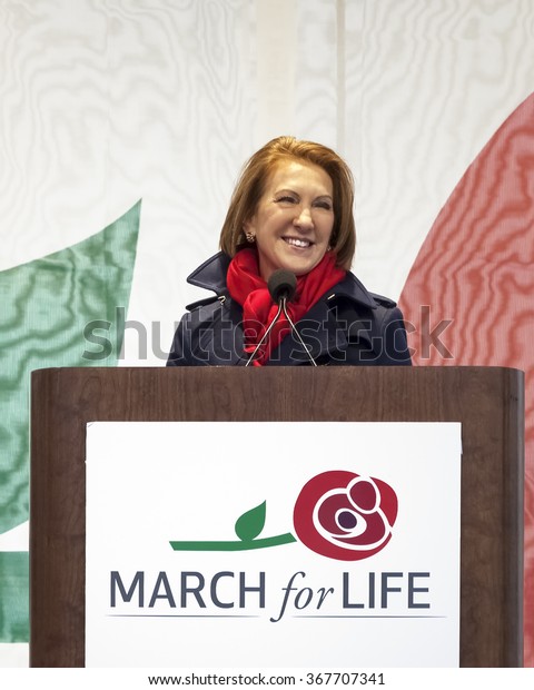 Washington, DC - January 22, 2016: Republican\
presidential primary candidate Carly Fiorina smiles while speaking\
at the 43rd annual March for Life\
event.