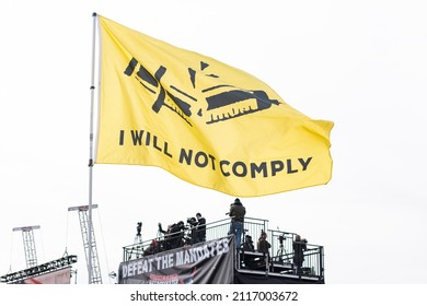 Washington, DC- January 23rd, 2022: A Anti Vaccine Flag Being Held Up At The 