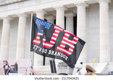 Washington, DC- January 23rd, 2022: A Anti Joe Biden Flag Saying "Let's Go Brandon" and "FJB" at the "Defeat The Mandates Rally" in Washington DC.