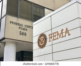 WASHINGTON, DC - JANUARY 26, 2019: FEMA - FEDERAL EMERGENCY MANAGEMENT Headquarters Building Sign Emblem Seal At Building Entrance.