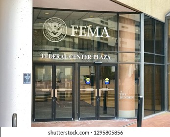 WASHINGTON, DC - JANUARY 26, 2019: FEMA - FEDERAL EMERGENCY MANAGEMENT Headquarters Building Sign Emblem Seal At Building Entrance.