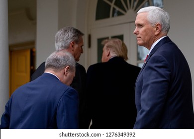 Washington, D.C., January 4 2019: Vice President Mike Pence speaks to the media in the Rose Garden at the White House after meeting with Democrats to discuss the ongoing partial government shutdown.