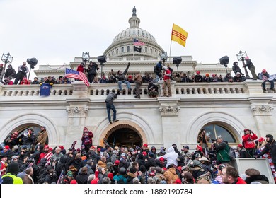 Washington, DC - January 6, 2021: Protesters seen all over Capitol building where pro-Trump supporters riot and breached the Capitol