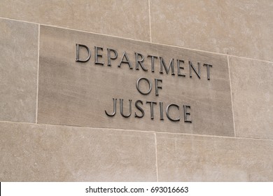 WASHINGTON, DC - JULY 12: United States Department Of Justice Sign In Washington, DC On July 12, 2017