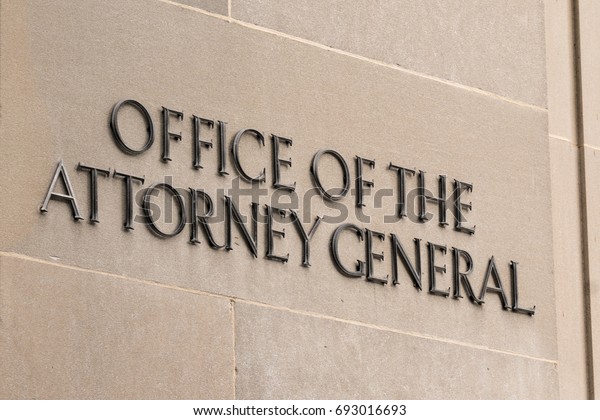 WASHINGTON, DC - JULY 12:\
United States Office of the Attorney General sign in Washington, DC\
on Juy 12, 2017
