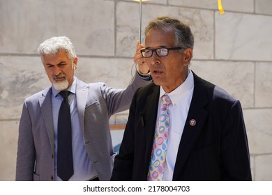 Washington, DC – July 13, 2022: Rep. Juan Vargas (D-CA) Speaks To Demonstrators Objecting To The Possible Release Of Iranian Terrorist Asadollah Asadi By The Belgian Government.