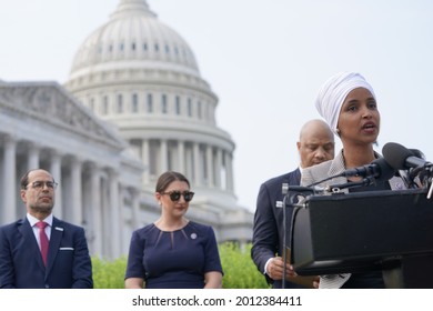 Washington, DC – July, 2021: 
Rep. Ilhan Omar (D-MN) speaks at a press conference on Capitol Hill regarding Islamophobia and how to begin countering its growth.