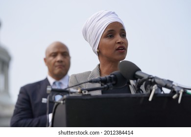 Washington, DC – July, 2021: 
Rep. Ilhan Omar (D-MN) speaks at a press conference on Capitol Hill regarding Islamophobia and how to begin countering its growth.