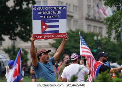 Washington, DC – July 25, 2021: Counter Protesters Demonstrate At A Hands Off Cuba Rally To Voice Their Objections While Calling For U.S. Intervention To Establish A Free Cuba.