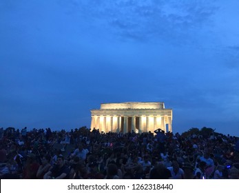 WASHINGTON, DC - JULY 4, 2018: Crowd Awaits National Mall Fireworks Display At Lincoln Memorial.
