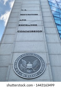 WASHINGTON, DC - JULY 5, 2019: SEC - US SECURITIES AND EXCHANGE COMMISSION - Sign Emblem Seal At Headquarters Building