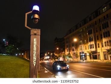 Washington, DC - June 03, 2018:Emergency Point In Catholic University Of America. Emergency Sos Button To Contact With Call Center To Ask For Help Security Or Police.