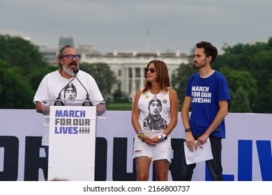 WASHINGTON, DC - June 11, 2022: Manuel Oliver, Father Of Parkland School Shooting Joaquin Oliver, Speaks To The March For Our Lives With His Wife, Patricia, And Parkland Survivor David Hogg.
