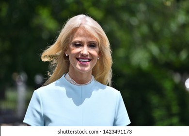 WASHINGTON, DC - JUNE 12, 2019: Kellyanne Conway, Counselor To President Trump Smiles As She Approaches Reporters Waiting In The White House Driveway.