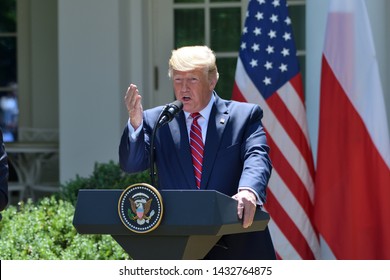 WASHINGTON, DC - JUNE 12, 2019: President Donald Trump addresses reporters' questions at a press conference in the Rose Garden of the White House with Polish President Andrzej Duda.