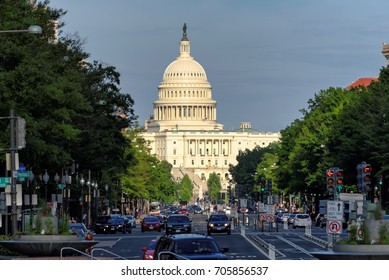 WASHINGTON, DC - JUNE 18: Pennsylvania Avenue and Capitol Building at sunset on June 18, 2017 in Washington DC. Capitol Building it is the home of the United States Congress.