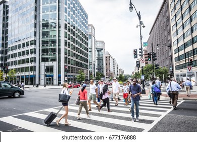 Washington DC, June 2017, United States: A Crowd Of People Crossing A City Street At The Pedestrian Crossing In Downtown Washington DC