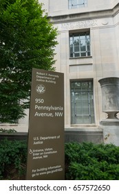 WASHINGTON, DC - JUNE 2017: U.S. Justice Department Headquarters, Informative Sign; Note 