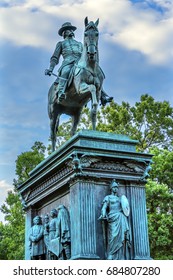 WASHINGTON, DC - JUNE 22, 2017 General John Logan Civil War Memorial Logan Circle Washington DC. Statue Dedicated 1901, Sculptor Richard Hunt. Won Congressional Medal Of Honor At Vicksburg.