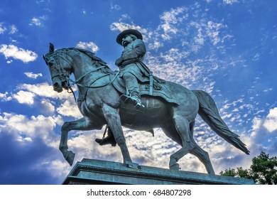 WASHINGTON, DC - JUNE 22, 2017 General John Logan Civil War Memorial Logan Circle Washington DC. Statue Dedicated 1901, Sculptor Richard Hunt. Won Congressional Medal Of Honor At Vicksburg. 