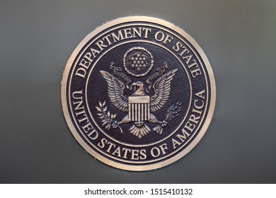 WASHINGTON, DC - JUNE 23, 2019:  Department Of State Seal Outside State Department Annex 44.