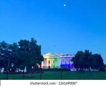 WASHINGTON, DC - JUNE 26, 2015: White House Lights Up With Rainbow Colors Following US Supreme Court Ruling Declaring Marriage A Fundamental Right For Gay Couples.