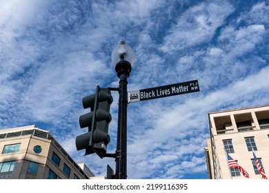 Washington, DC - June 27, 2022: Black Lives Matter Plaza NW Street Sign And Lamp Post