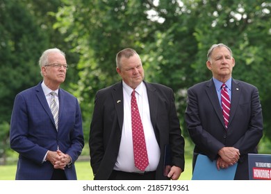 WASHINGTON, DC - June 7, 2022: U.S. Senators Jerry Moran (R-Kan.), Jon Tester (D-Mont.) And John Boozman (R-Ark.) Attend A Rally For The PACT Act Near The U.S. Capitol.