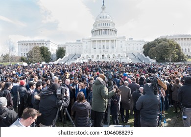 WASHINGTON, DC - MAR. 14, 2018: Students from area high schools during  National School Walkout at the U.S. Capitol after marching from the White House, protesting government inaction on gun control.
