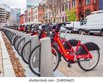 Washington DC, MAR 31 2022 - Close Up Shot Of Red Capital Bike Share Bicycle