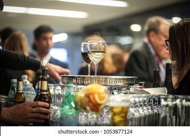 Washington, DC - March 15, 2018: Drinks Are Served At A Corporate Networking Event In An Office Building.