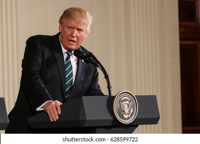 Washington, DC – March 17, 2017: US President Donald Trump hold a joint press conference with German Chancellor Angela Merkel at the White House after their first in-person meeting.