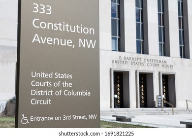 WASHINGTON, DC - MARCH 7, 2020: Sign For E. Barrett Prettyman Federal Courthouse, Home To The US Court Of Appeals For The District Of Columbia Circuit, The US District Court For DC And The US Foreign 