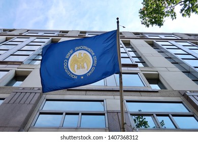 WASHINGTON, DC - MAY 25, 2019: UNITED STATES INTERNATIONAL TRADE COMMISSION USITC - Flag At Headquarters Building Entrance