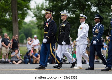 WASHINGTON, D.C. - MAY 30, 2016: Memorial Day Parade. A Marching Platoon From Military Wearing Uniforms.