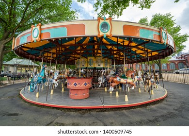 Washington DC - May 9, 2019: The historic Carousel on the Mall spins around on a spring day on the National Mall