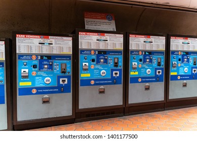 Washington, DC - May 9, 2019: Fare Vending Machines Inside Of A Washington DC Metro Station Allow Customers To Purchase Smart Trip Cards And Passes