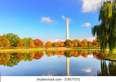 Washington DC - Washington Monument as seen from Constitution Gardens in Autumn